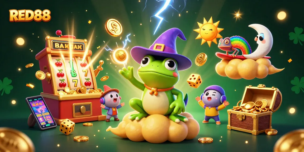 Experience thrilling wins at RED88 with vibrant casino elements, golden coins, and magical characters