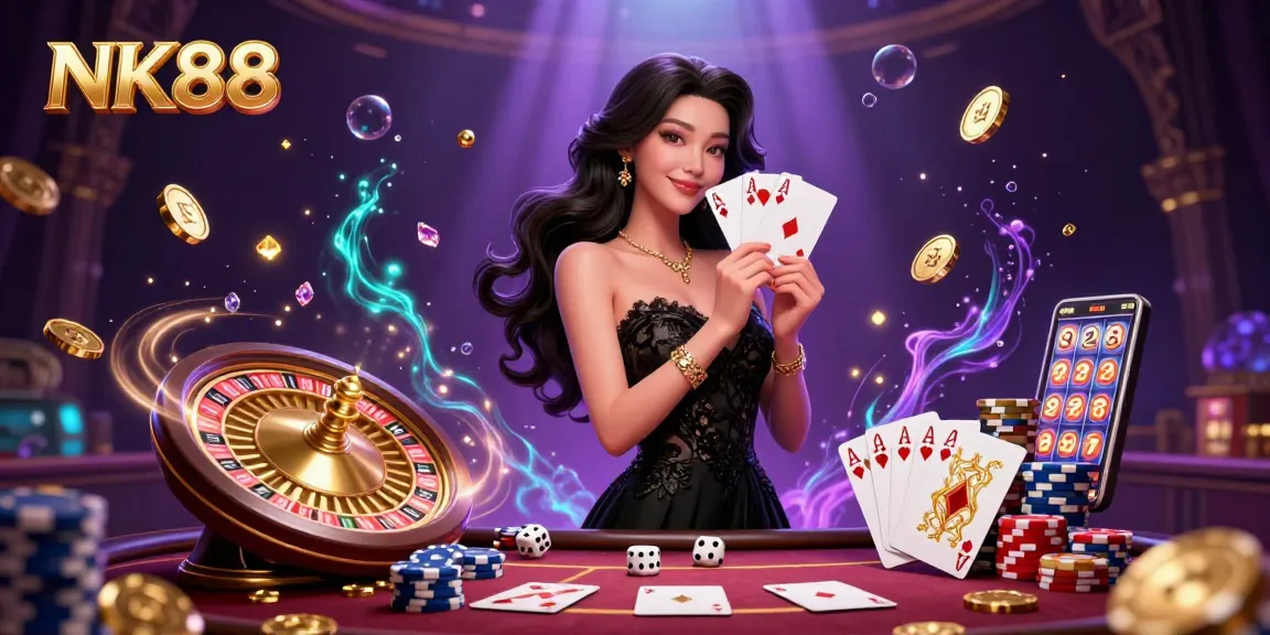 Experience the excitement of NK88 with an elegant Asian woman holding playing cards amidst a bustling casino.