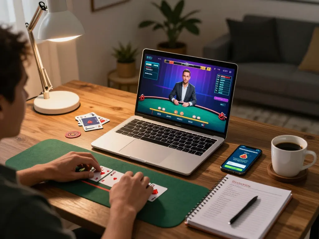 Player engaging with energileisureparks online blackjack game, showcasing responsible gaming environment with strategic notes.
