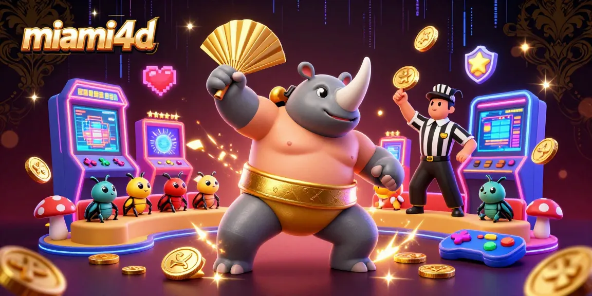 Watch as miami4d's sumo champion rhinoceros beetle stomp sends golden coins flying in a dynamic casino scene.