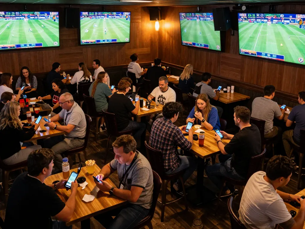 People analyzing tỷ lệ cá cược at a bustling sports betting bar, tracking live matches on screens.