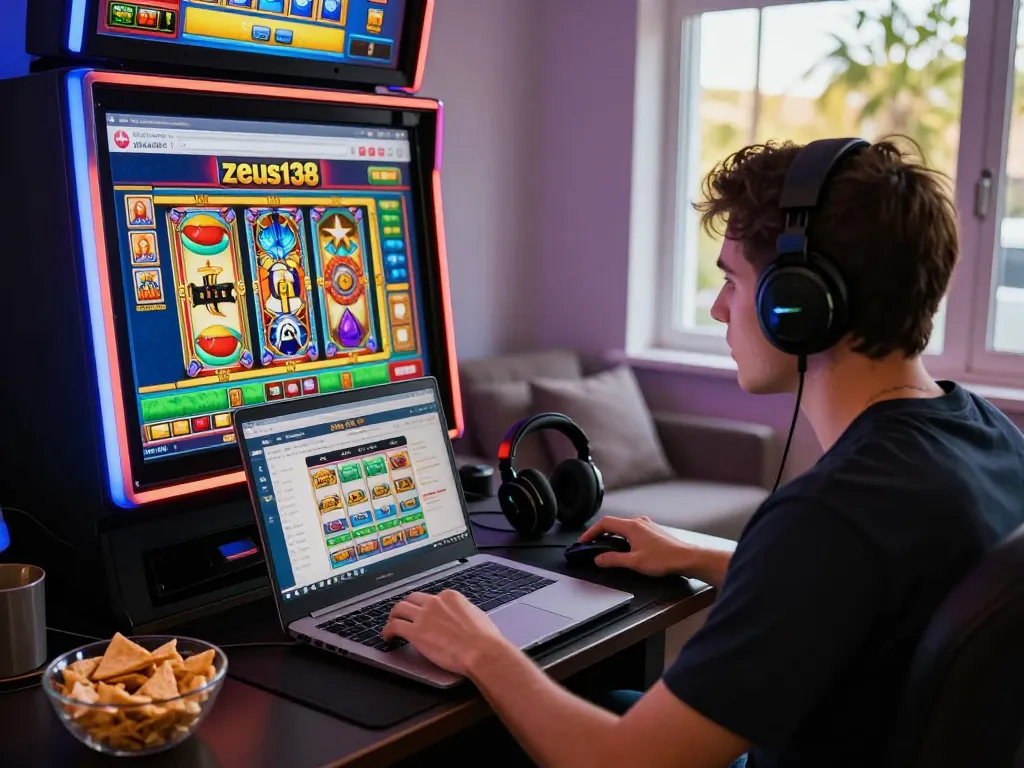 Exciting gaming moment on zeus138 website with vibrant slot graphics and player immersed in online play.