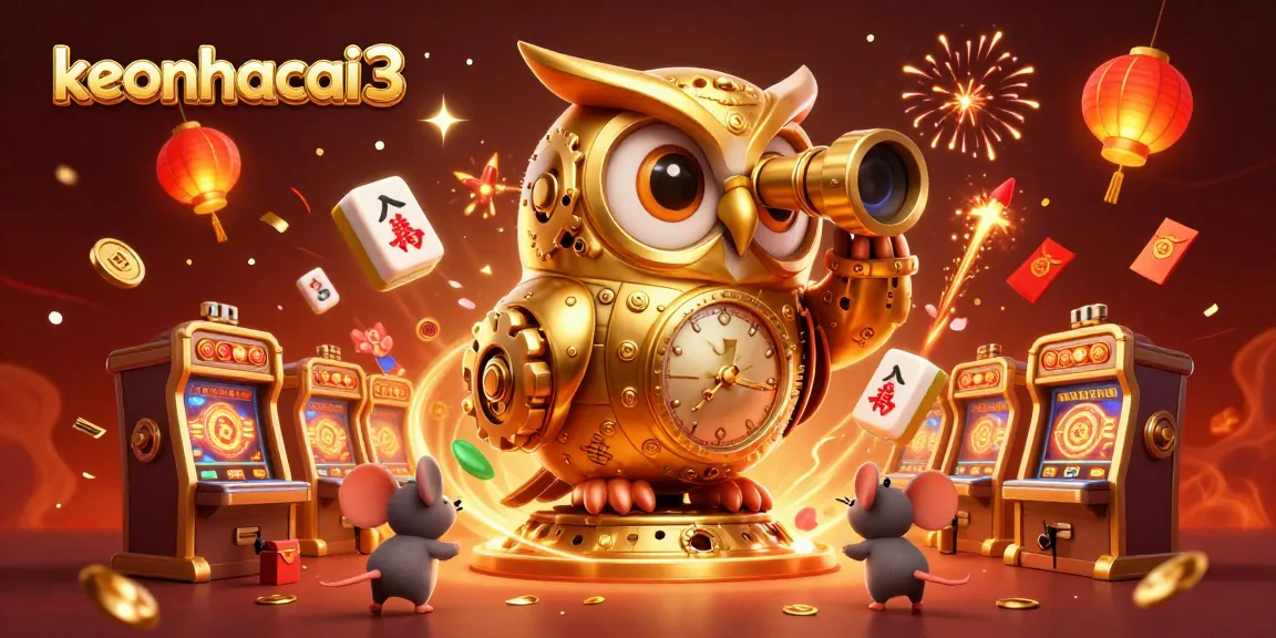 Experience the vibrant world of keonhacai3 as tiny mice patrons navigate intricate brass slot machines under a spinning golden owl's watchful gaze.