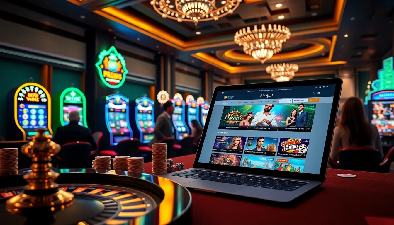 Engaging players at a luxury online casino scene featuring https://rikvip11.xyz/ with roulette wheel and vibrant slot machines.