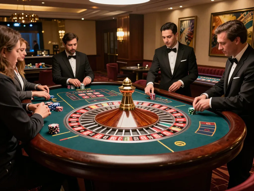 Pemain menikmati sensasi roulette situs toto di meja kasino mewah di bawah pencahayaan hangat.