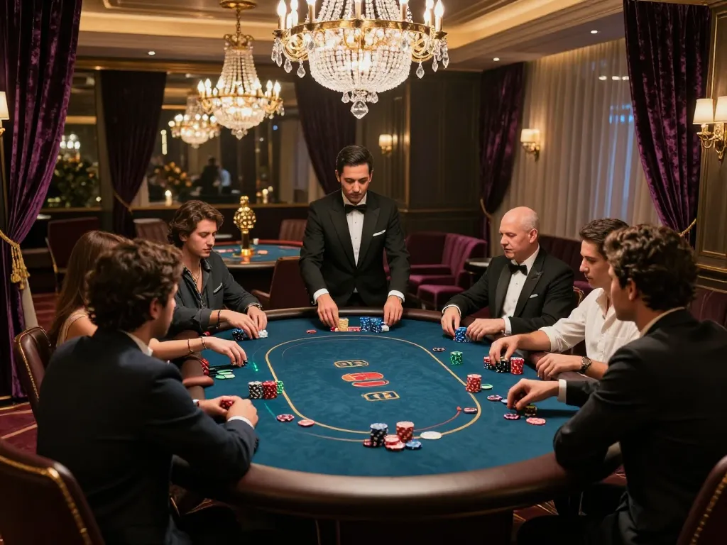 du88 high-stakes poker action in a luxurious VIP casino setting with smartly dressed players