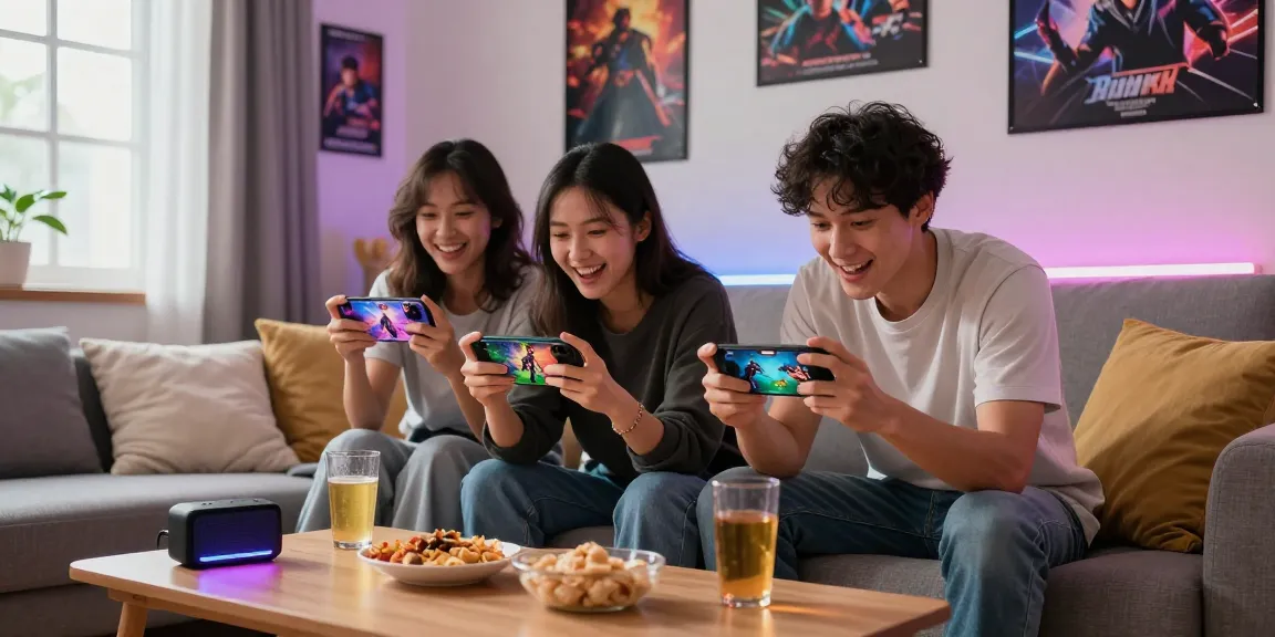 Mobile hentai games played by friends in a cozy living room setting with colorful ambiance.