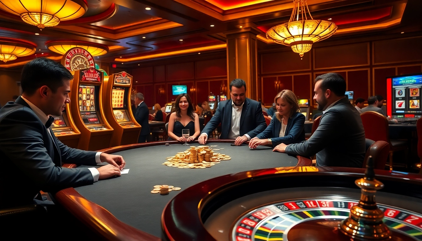 Experience the thrill of gaming at https://rr88co.net/, featuring a glamorous casino scene with poker and slots.