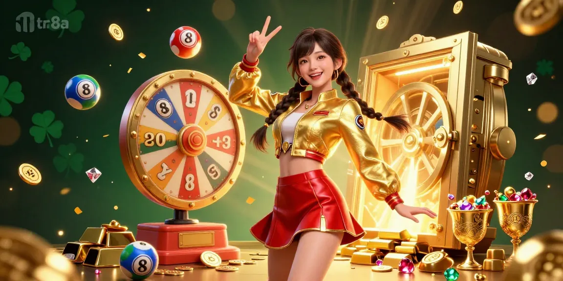 Play and win at tr88a with vibrant 3D illustration featuring casino elements and exciting prizes.