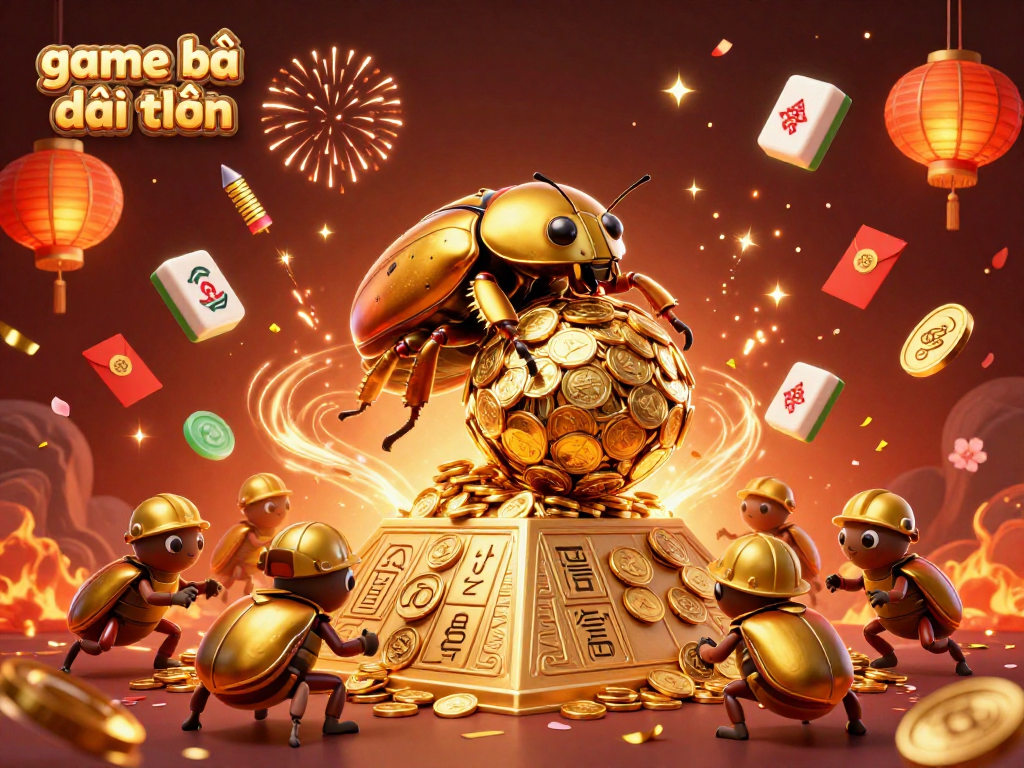 Engage in game bài đổi thưởng with a vibrant scene featuring golden insects and festive elements.