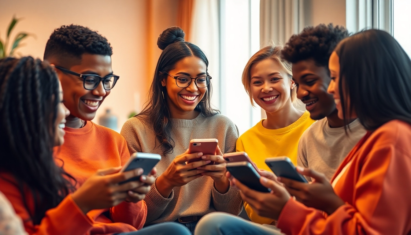 مشهد دردشة رقمية جذاب يعكس شات الرياض، يعرض مستخدمين من خلفيات متنوعة يتصلون عبر الأجهزة المحمولة.