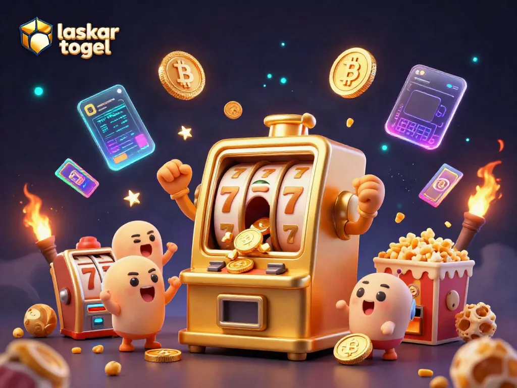 Experience the excitement of laskar togel with a golden slot machine celebrating a jackpot in a vibrant 3D illustration.