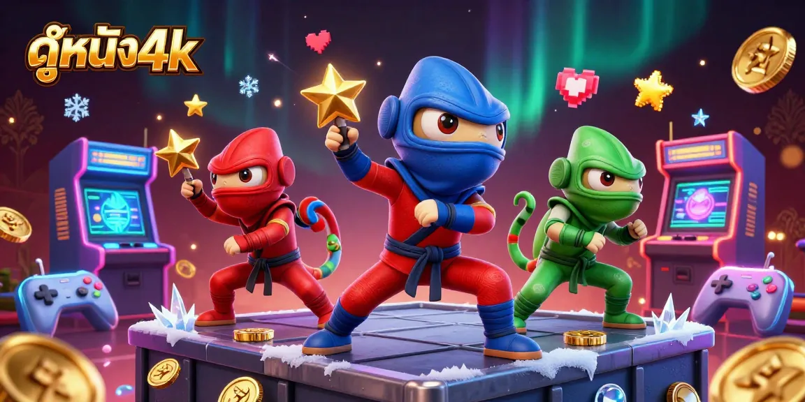 Unleash action with ดูหนัง4k illustrating chameleon ninjas surrounded by vibrant casino-themed game elements.