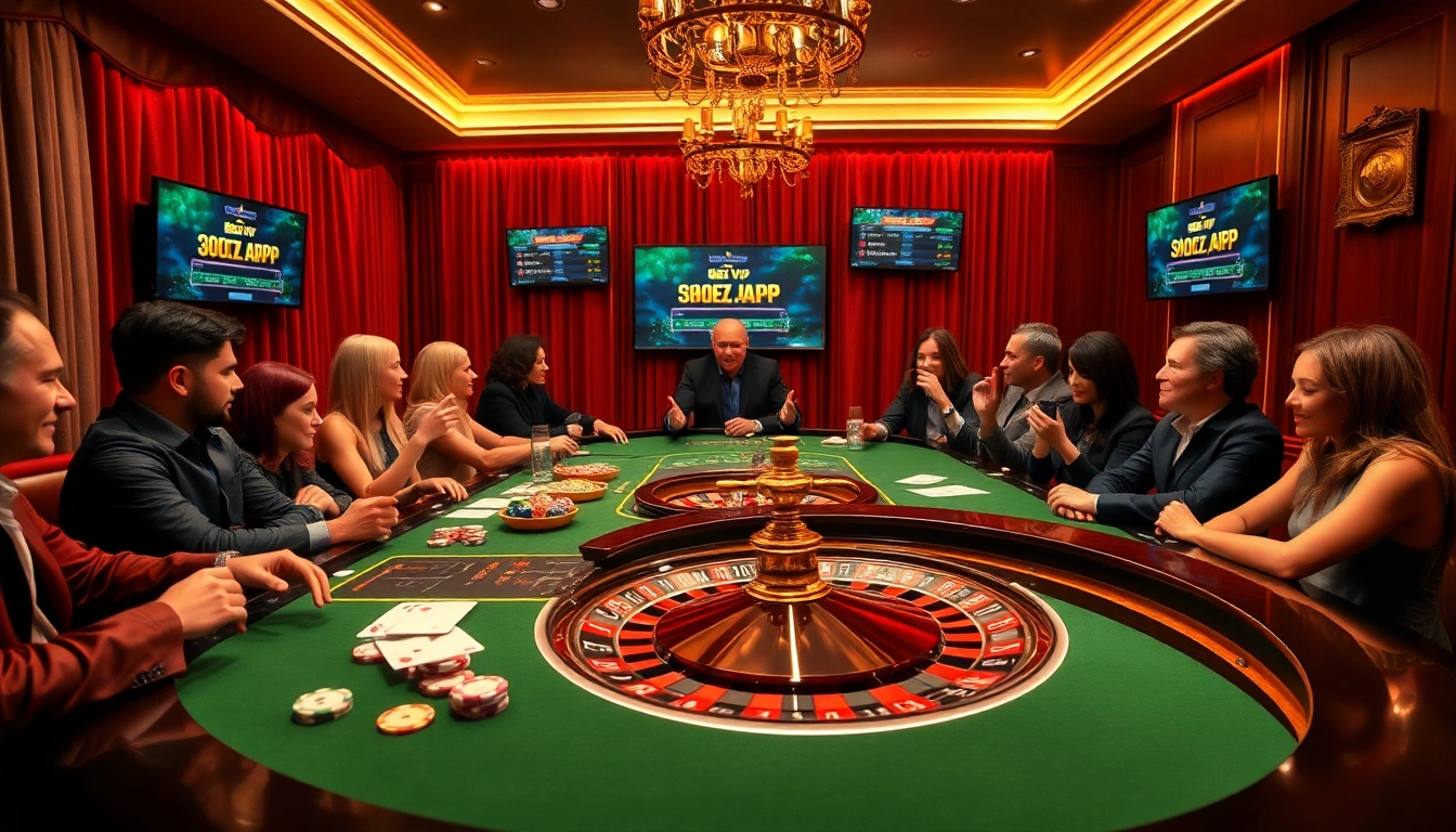 Ứng dụng Bet VIP được mô tả trong một cảnh casino đầy sống động với người chơi tại bàn cược.