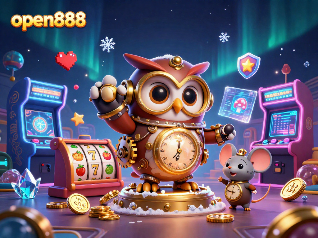 Spin the reels at open888 with a vibrant steampunk-themed casino adventure illustration.