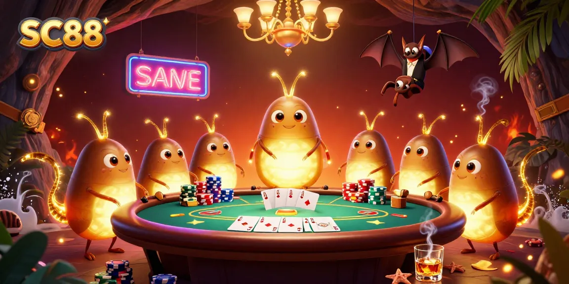 SC88 illuminates a vibrant cave casino scene with lively glowworms and poker elements