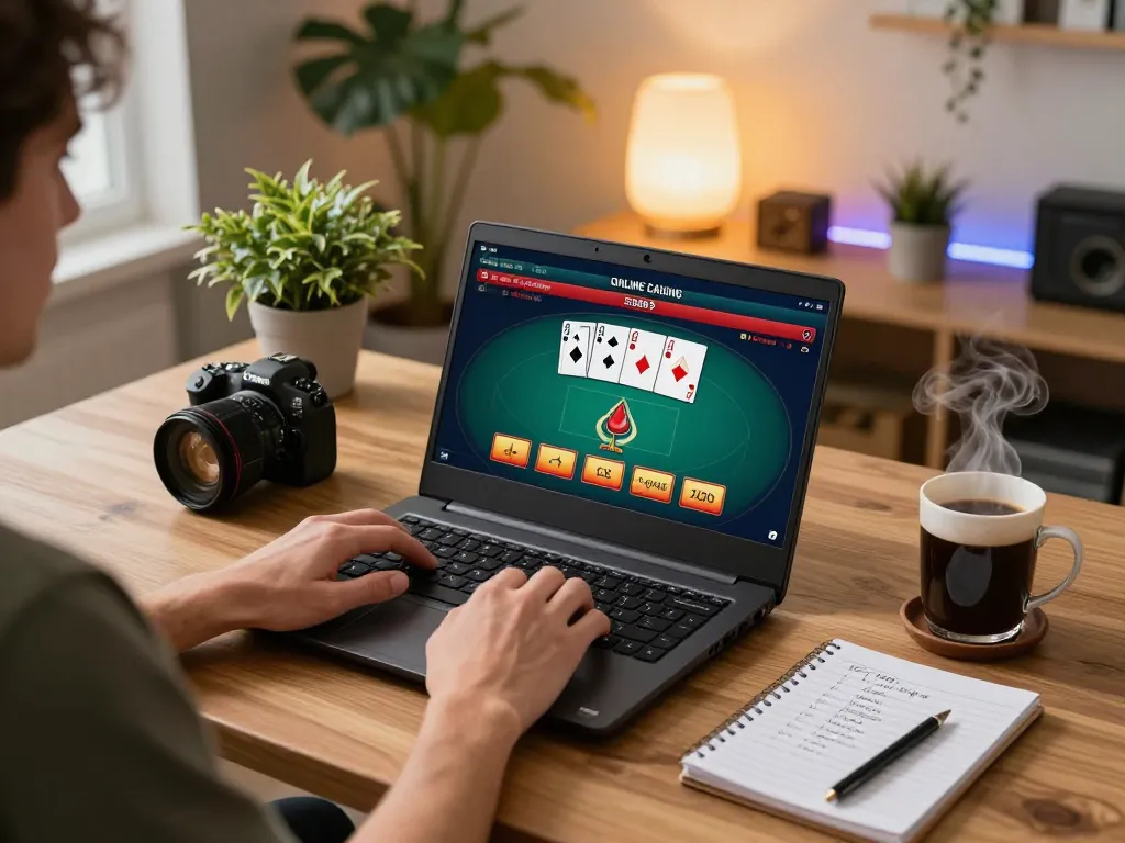 Engaged user playing poker on ZX88 online casino website on laptop in cozy home setting