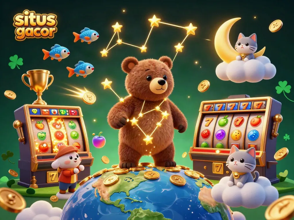 Gambar ilustrasi unik situs slot gacor dengan beruang bintang bermain slot dan simbol keberuntungan.