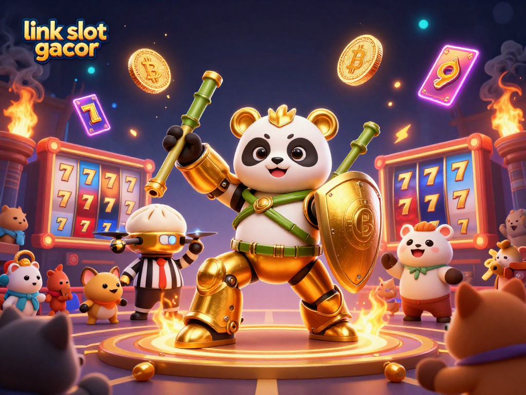 Spin the luckiest link slot gacor with a golden panda mech-suit in a vibrant casino scene.