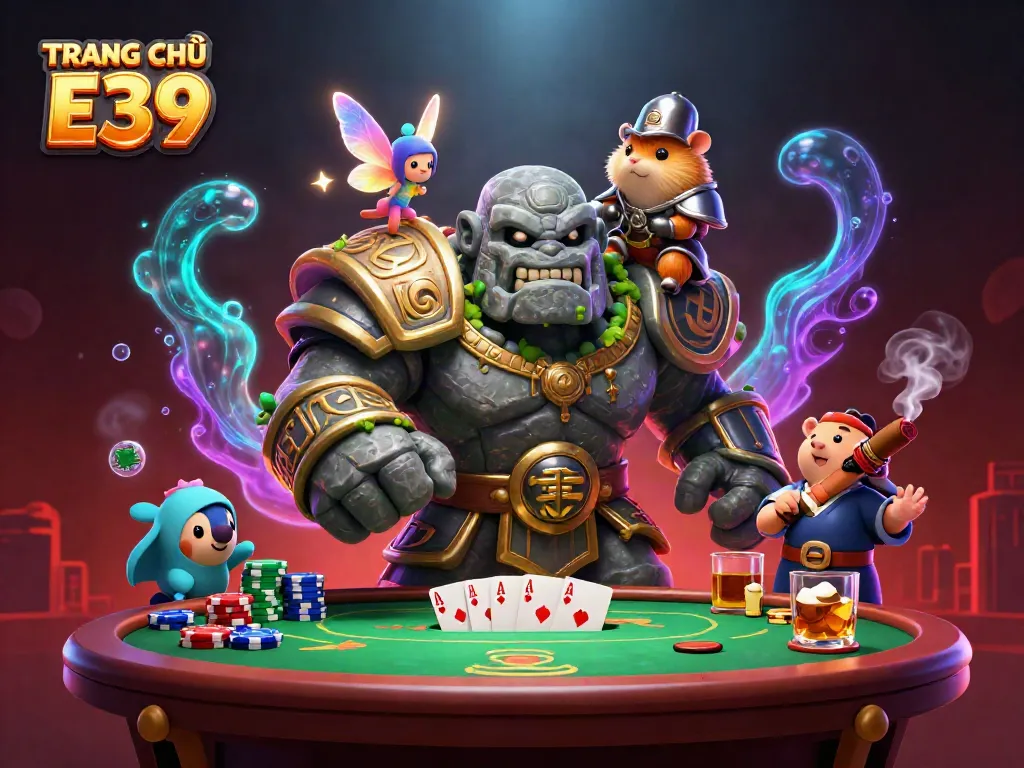 Engage with TRANG CHỦ E39 at a vibrant poker table surrounded by magical characters and casino elements.