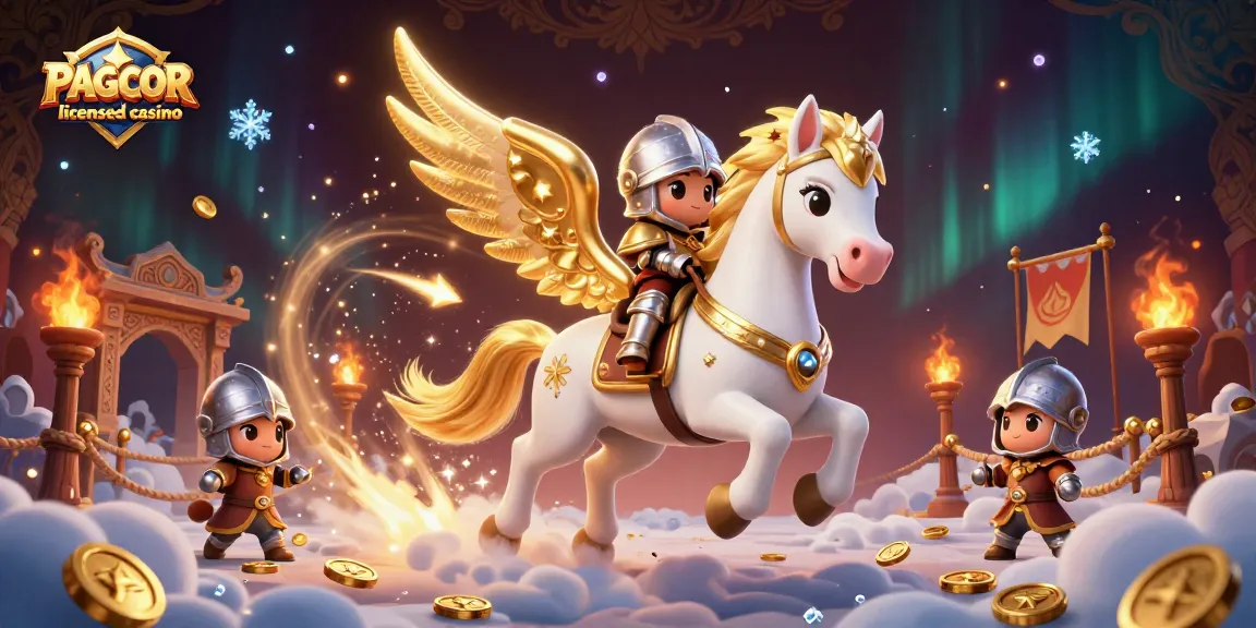 PAGCOR licensed casino illuminated by a magical celestial scene with a galloping horse and knight, surrounded by vibrant casino elements.