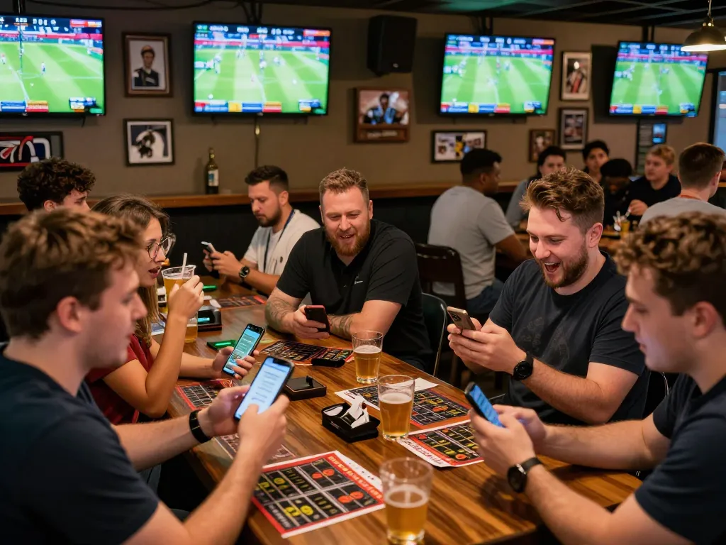 Engaged bettors enjoying the excitement of g28 com sports betting at a lively sports bar setting