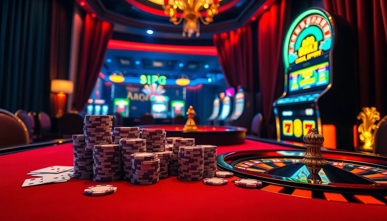 Una escena vibrante de casino que muestra 8PG, con fichas de póker, cartas y una ruleta deslumbrante.