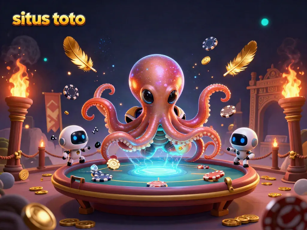 Play poker with situs toto, featuring a vibrant alien octopus and betting elements in a colorful cosmic scene.