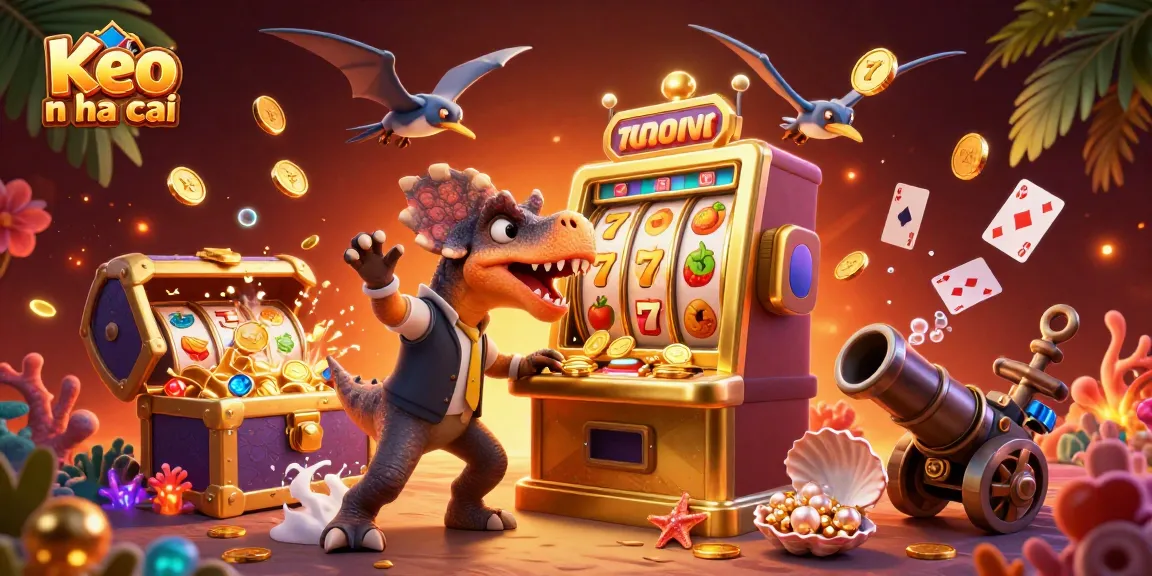 Keo nha cai features dinosaur characters hitting jackpots at the casino in an underwater treasure scene.