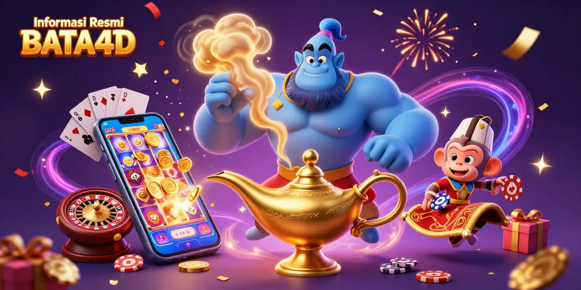 Informasi Resmi BATA4D menampilkan permainan kasino dengan jin, kartu, dan koin emas yang berputar.