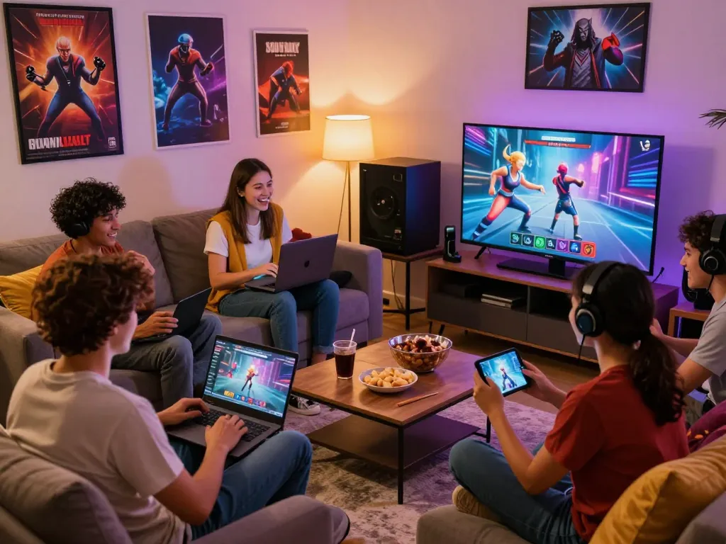 Community of gamers enjoying various adult games in a cozy living room, showcasing excitement and interactions.