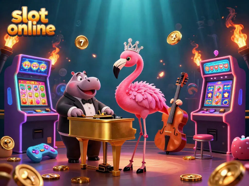 Slot online dengan penyanyi flamingo dan pemain bass hippo di kasino, menampilkan mesin slot berwarna-warni.