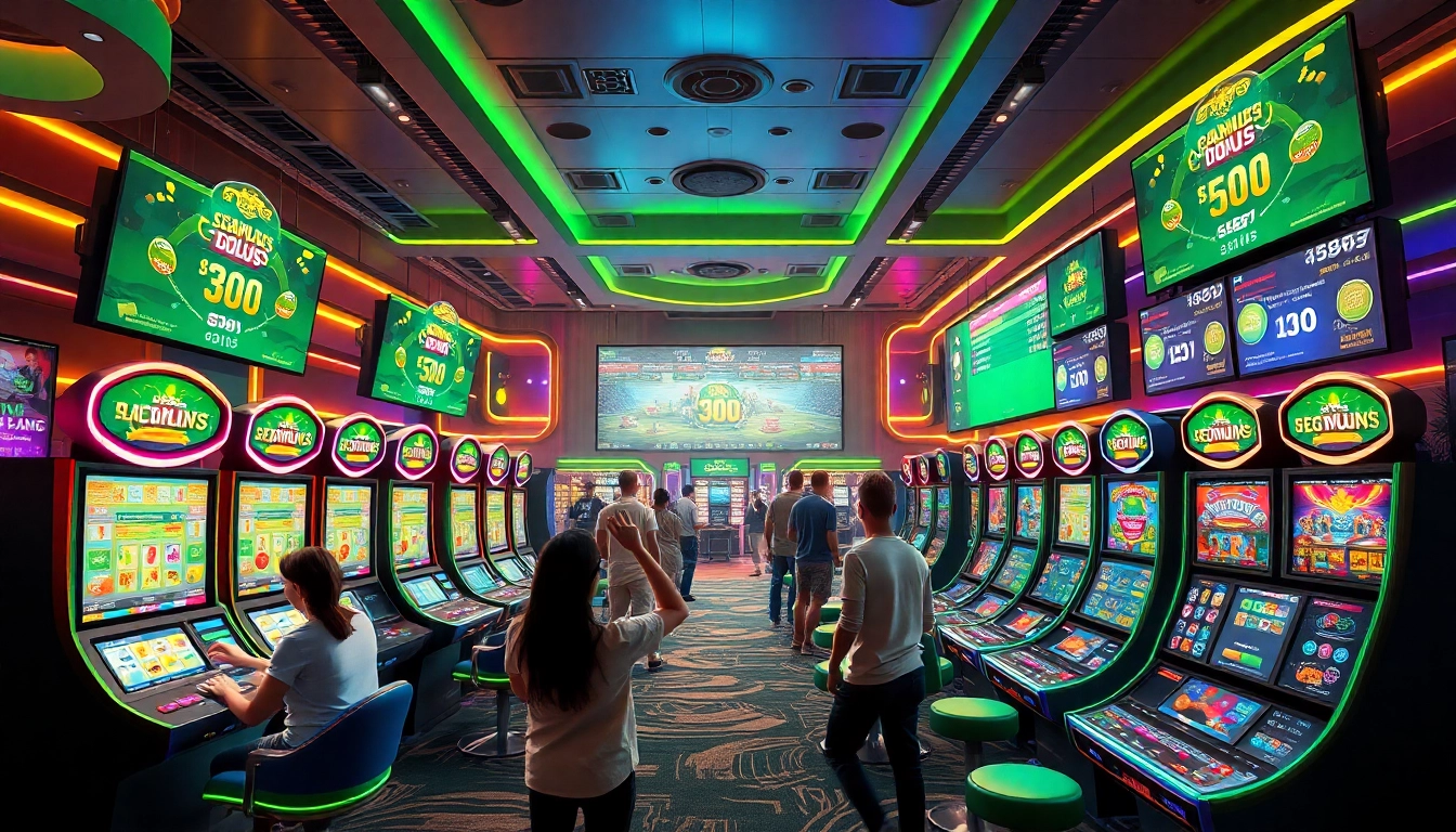 Exciting gaming atmosphere at 79king hn showcasing vibrant slot machines and sports betting displays.
