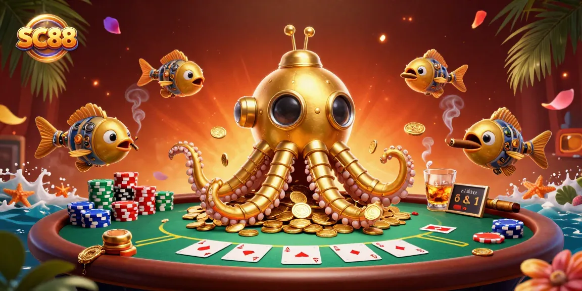 Engage with SC88's vibrant 3D casino scene featuring a golden kraken and poker elements.