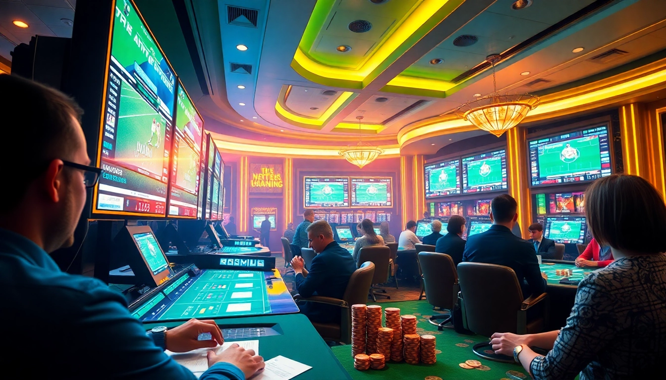 Exciting scene of เทคนิคแทงบอล in action at a luxurious casino sports betting lounge.