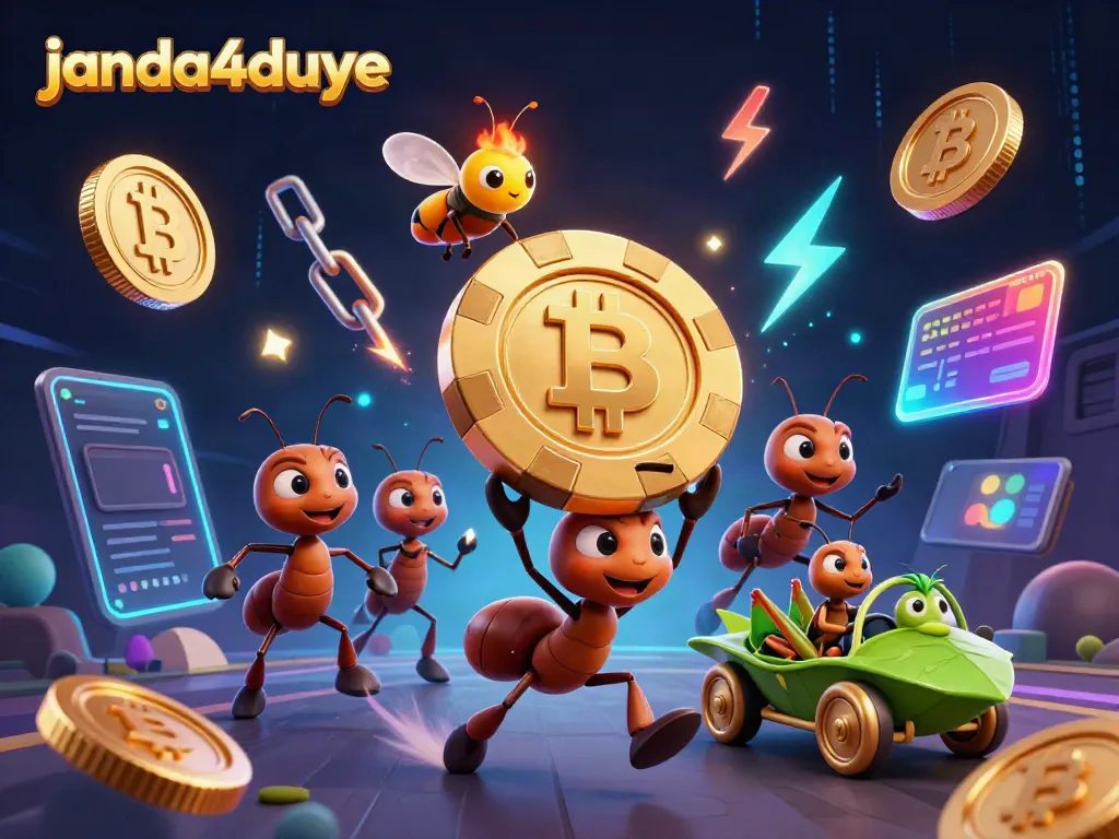 Karakter janda4duye beraksi dalam misi dengan chip poker emas, dikelilingi koin cryptocurrency.
