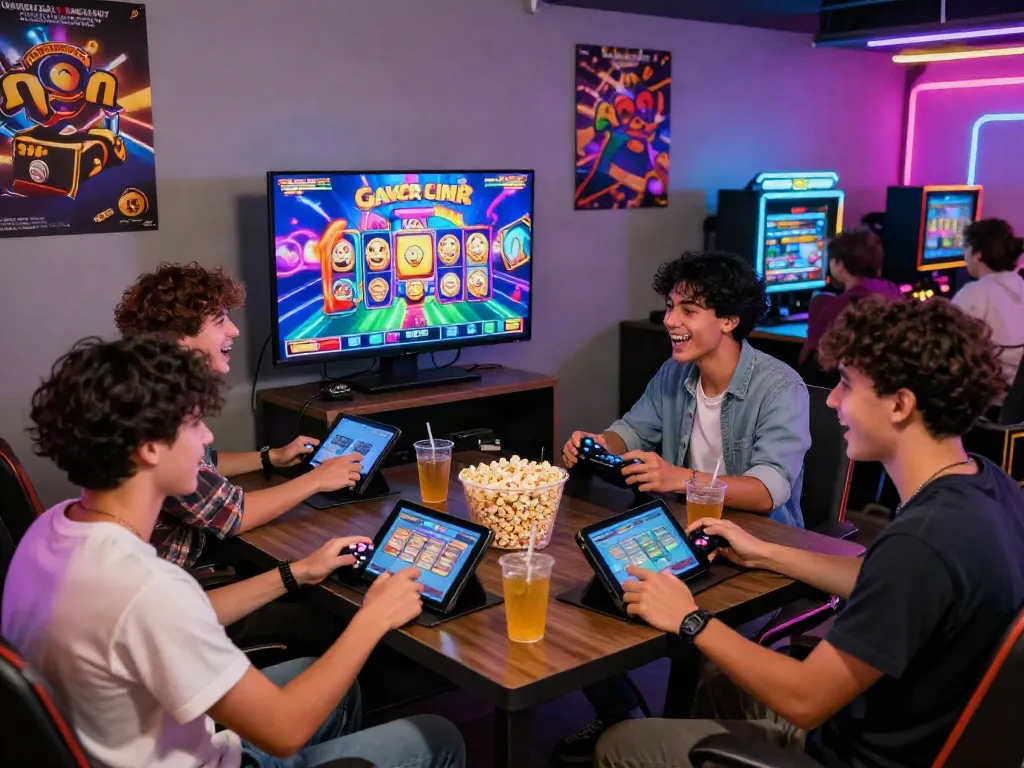 Friends enjoying a slot gacor gaming night in vibrant colors and lively atmosphere.