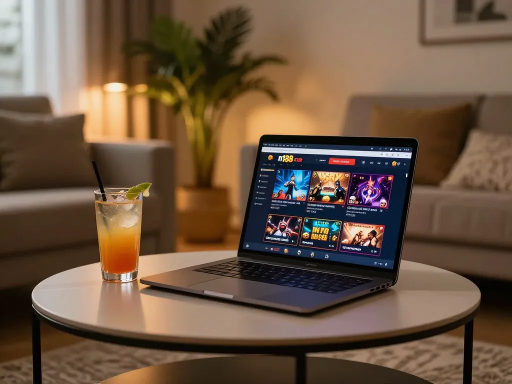 Playing on n188 com at home, showcasing online casino interface and cozy atmosphere.