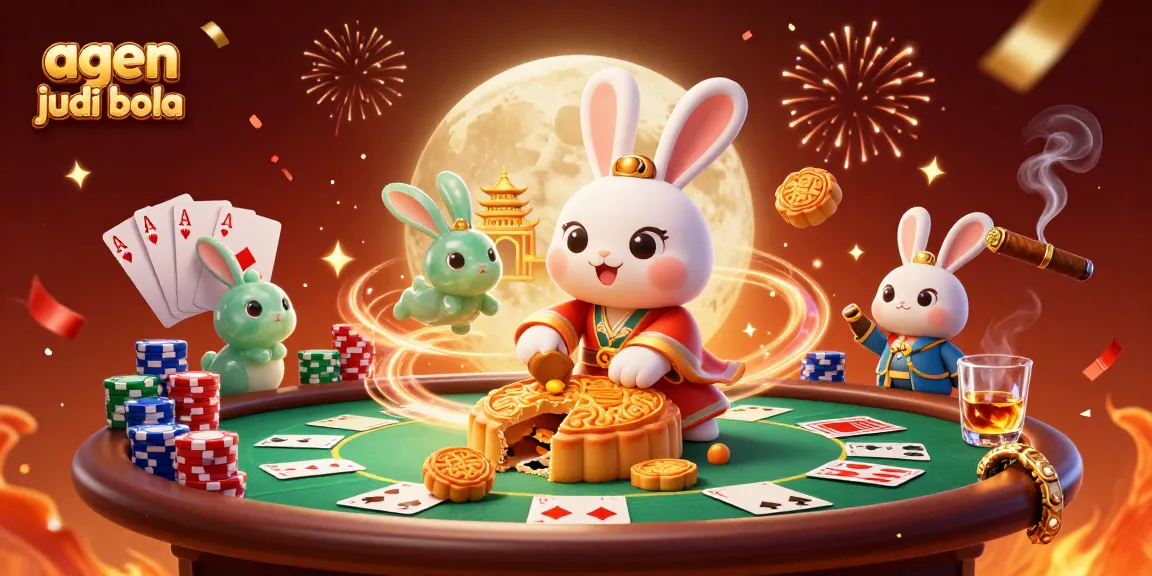 Engage with agen judi bola in a dynamic 3D scene featuring a moon rabbit and poker elements.