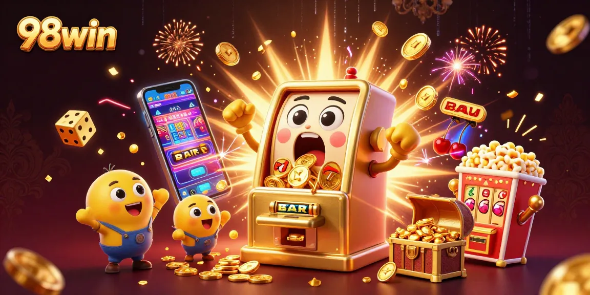 Join the excitement on 98win as a golden slot machine hits a jackpot, showering coins!