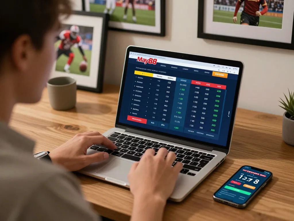 Person engaged in strategic sports betting on may88 com with laptop and smartphone.