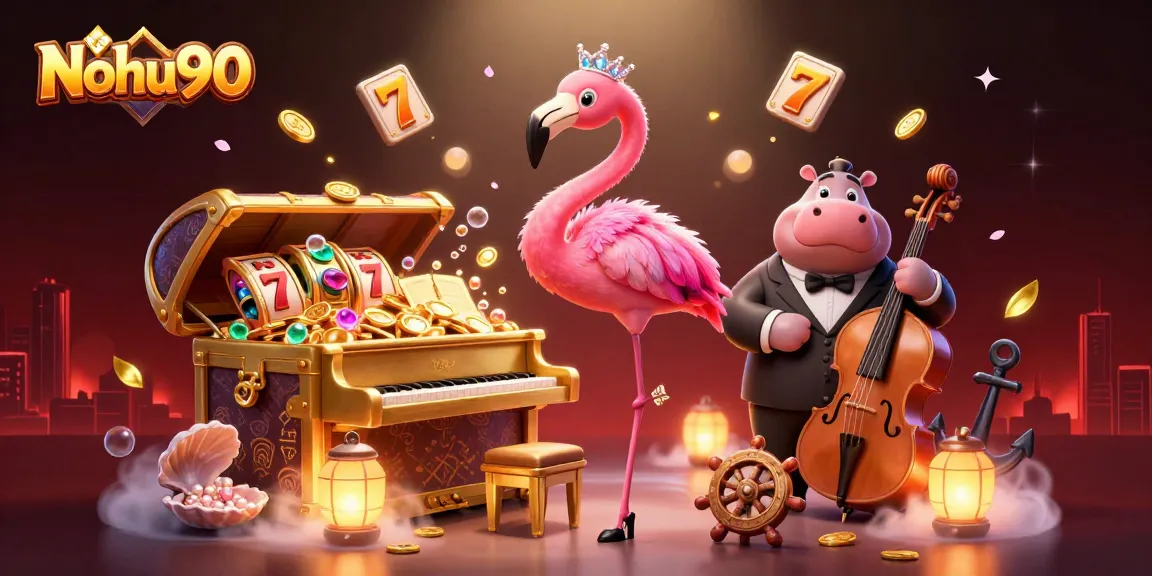 Nohu90 showcases a vibrant casino scene with animated characters around slot machines and gold coins.