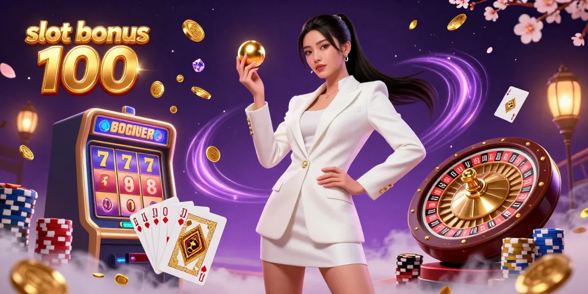 Engage with the slot bonus 100 in a vibrant 3D casino illustration showcasing a confident woman with dynamic gaming elements.