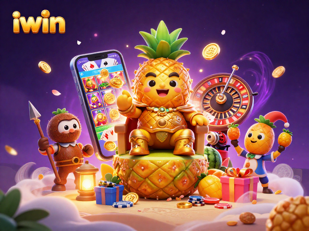 iwin-themed 3D casino scene with pineapple king and vibrant gaming elements