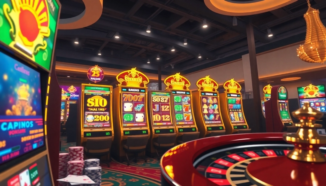 Play thrilling 온라인슬롯 games with colorful visuals and engaging interfaces in a luxurious casino setting.