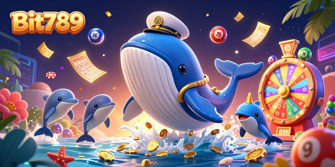 Experience thrilling gaming at Bit789 with animated whale and vibrant symbols of luck and fortune.