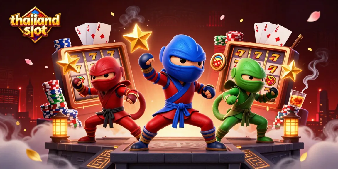 Experience the excitement of thailand slot with colorful reels, chameleons, and poker elements in a dynamic illustration.