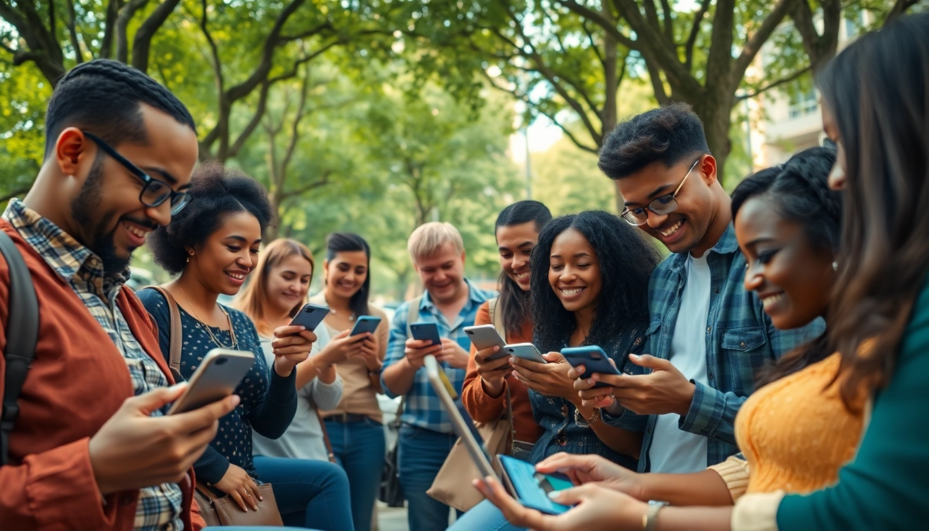 Users actively engaging with Hela Add ads platform in a lively urban park setting