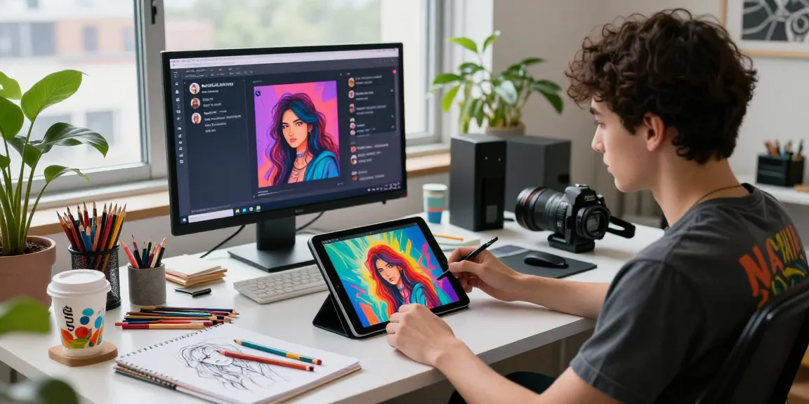 Young artist creating NSFW AI artwork in a vibrant digital studio