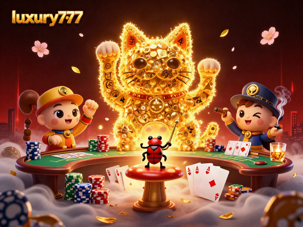 Permainan slot luxury777 menampilkan kucing keberuntungan raksasa yang dikelilingi simbol kasino.